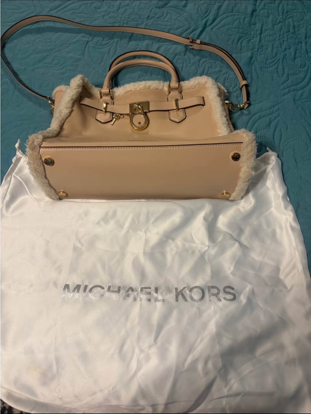 Michael Kors Cream Shearling-Trim Satchel with Gold Hardware
